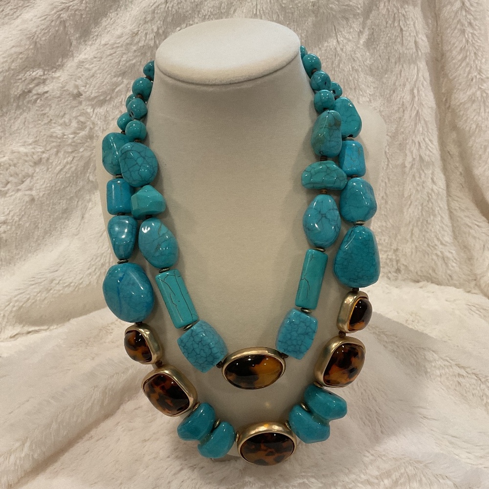Chico’s Double Strand Turquoise, Brown and Gold Tone Necklace